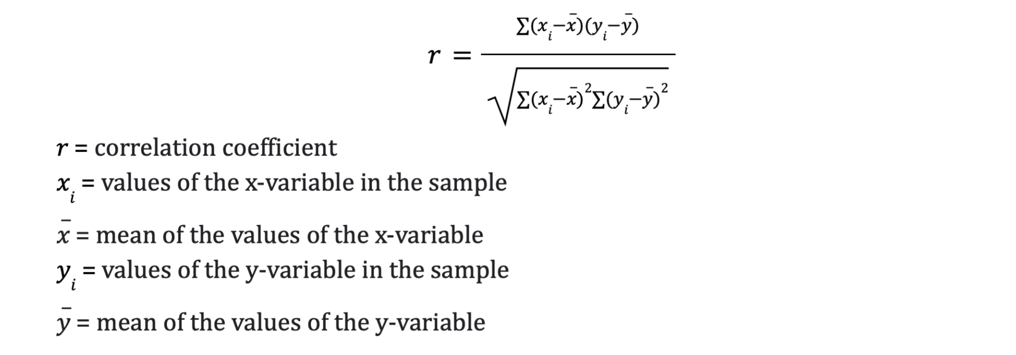 Equation to calculate Pearson correlation coefficient